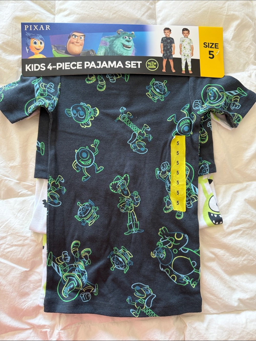 Pixar Kids 4-Piece Pajama Set - Black with Neon Green Characters, Size 5